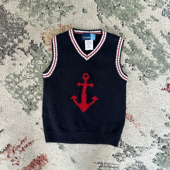 Vintage Great Guy 4T Boy Nautical Navy Blue Red White Anchor Sweater Vest - Picture 4 of 9